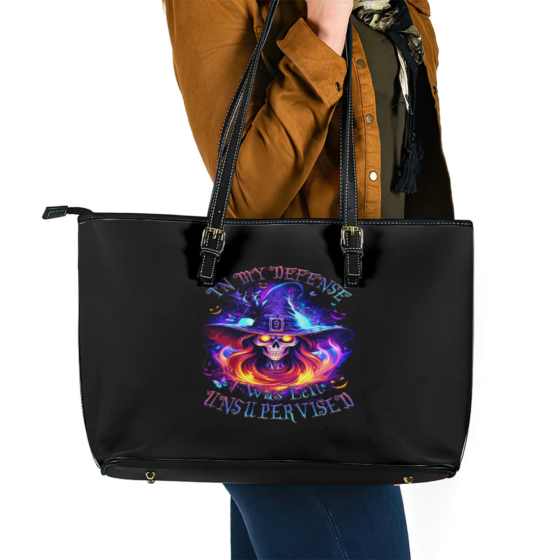 Fire Witch Skull Leather Tote Bag In My Defense The Moon Was Full And I Was Left Unsupervided DT01