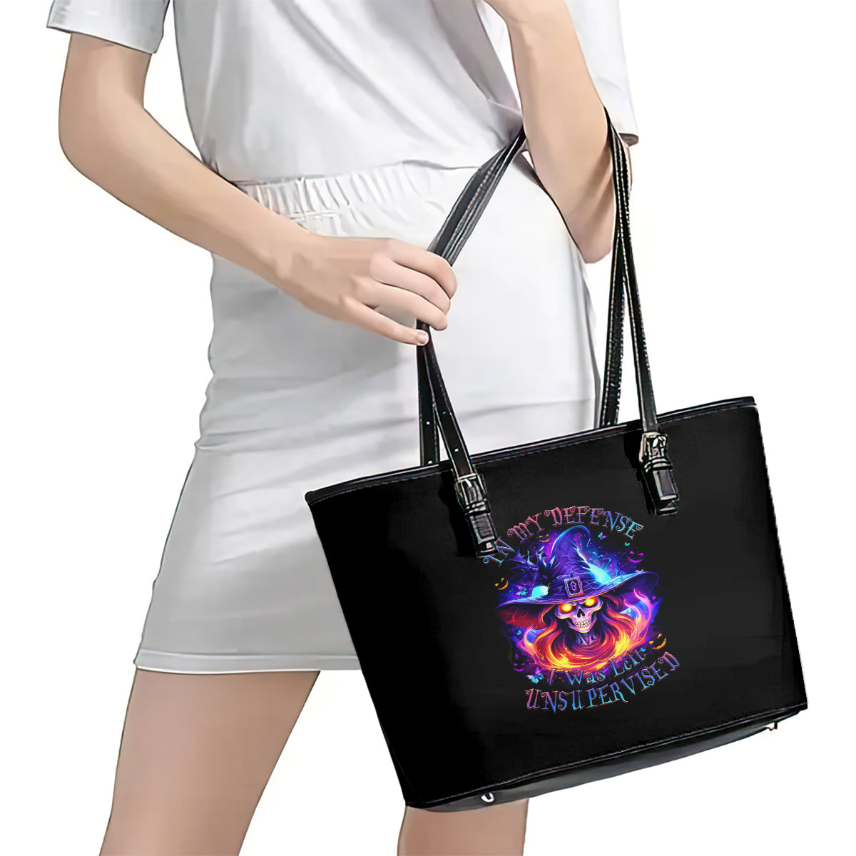 Fire Witch Skull Leather Tote Bag In My Defense The Moon Was Full And I Was Left Unsupervided DT01