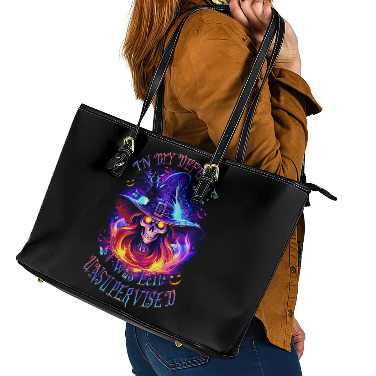 Fire Witch Skull Leather Tote Bag In My Defense The Moon Was Full And I Was Left Unsupervided DT01