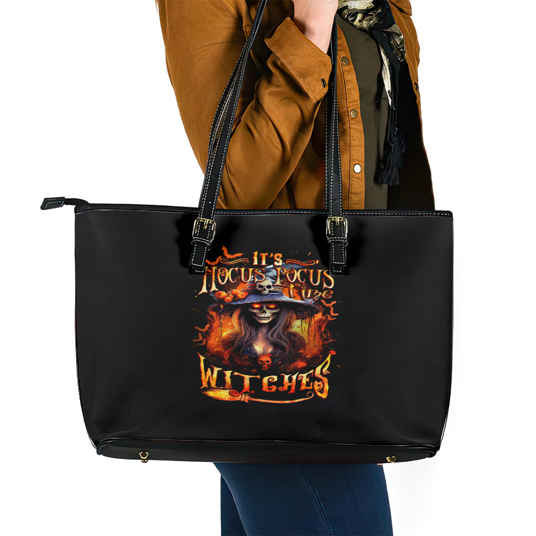 Witch Skull Leather Tote Bag It's Hocus Pocus Time Witches DT01