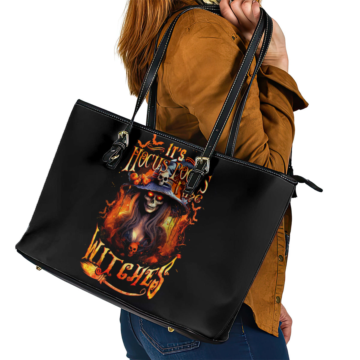 Witch Skull Leather Tote Bag It's Hocus Pocus Time Witches DT01