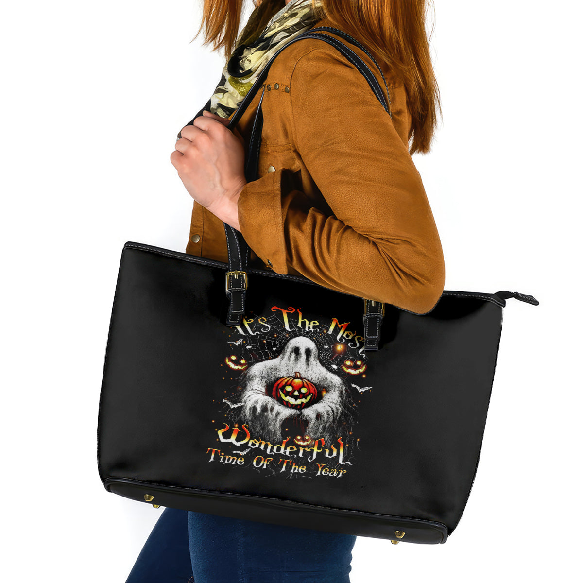 Ghost Halloween Leather Tote Bag It's The Most Wonderfull Time Of The Year DT01