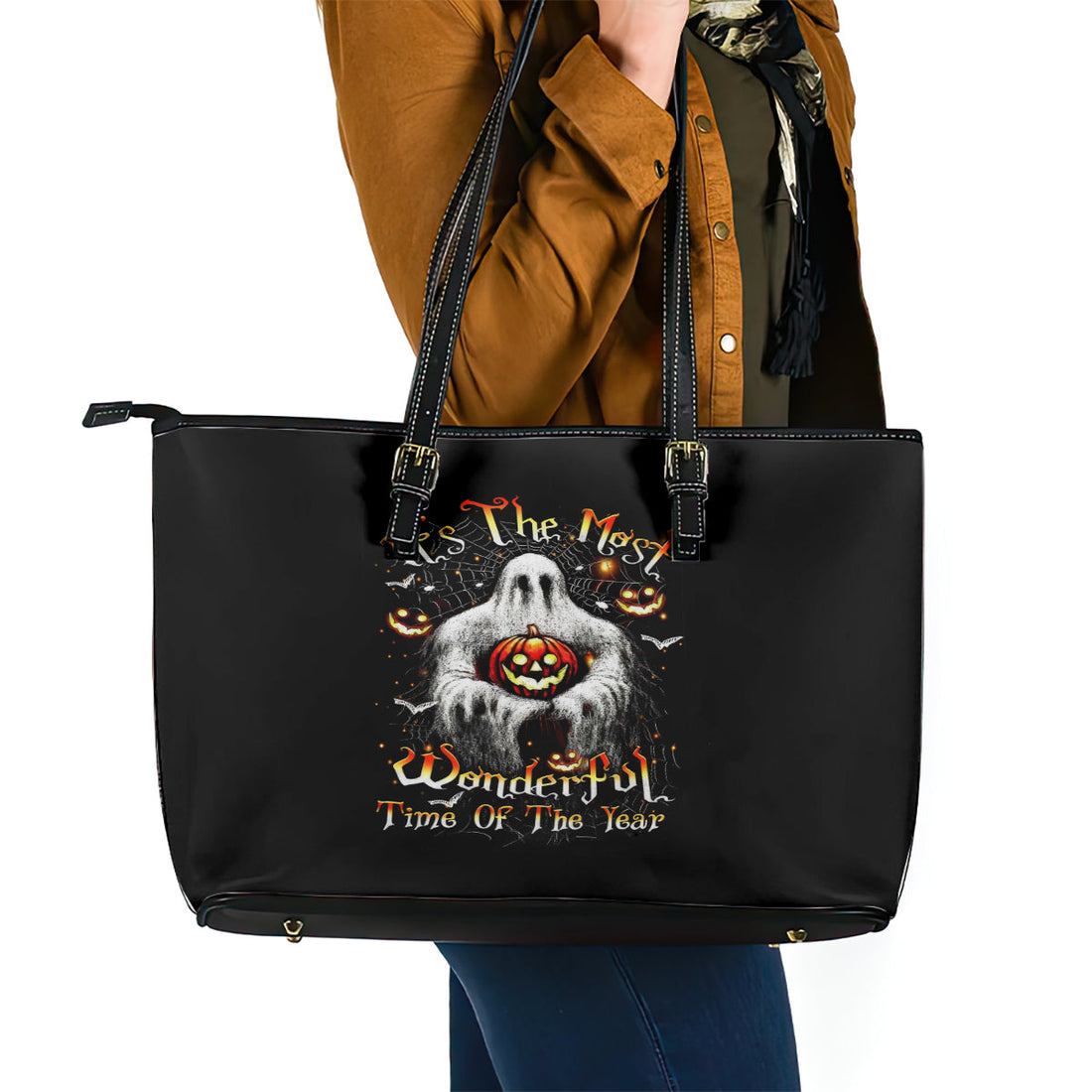 Ghost Halloween Leather Tote Bag It's The Most Wonderfull Time Of The Year DT01