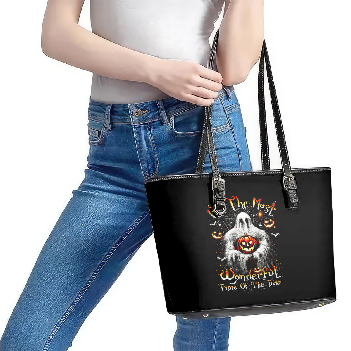 Ghost Halloween Leather Tote Bag It's The Most Wonderfull Time Of The Year DT01