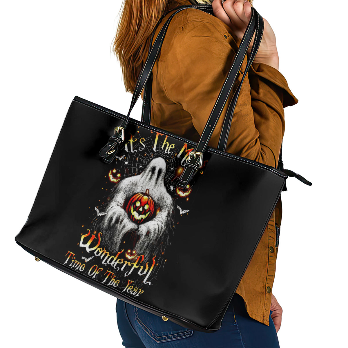 Ghost Halloween Leather Tote Bag It's The Most Wonderfull Time Of The Year DT01