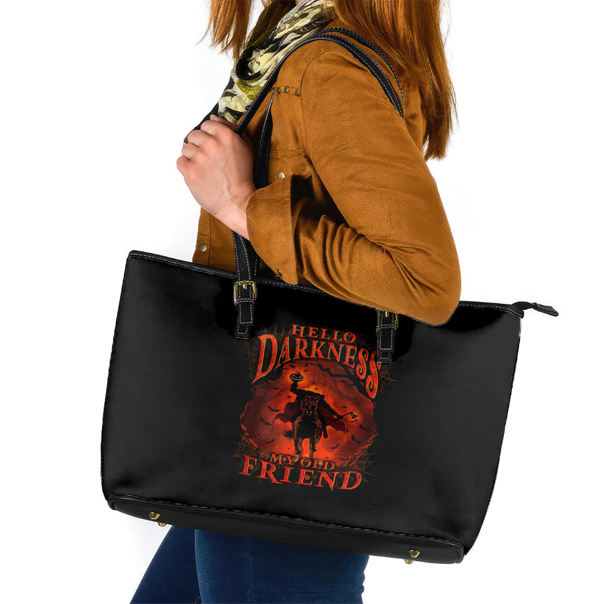 Jack O Lantern Skull Leather Tote Bag Hello Darkness My Old Friend DT01