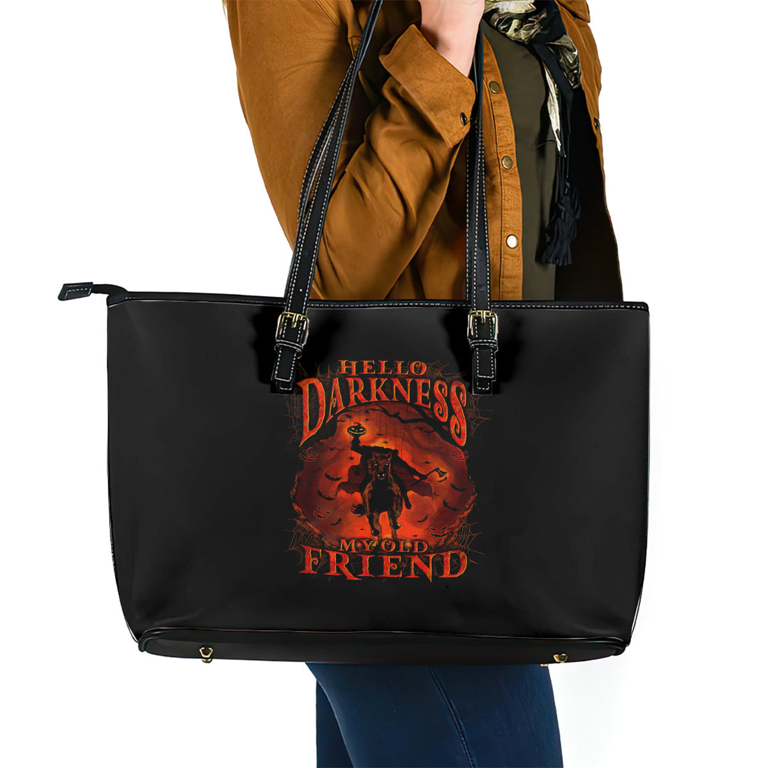 Jack O Lantern Skull Leather Tote Bag Hello Darkness My Old Friend DT01