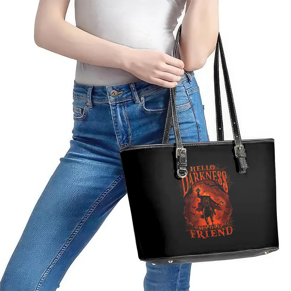 Jack O Lantern Skull Leather Tote Bag Hello Darkness My Old Friend DT01
