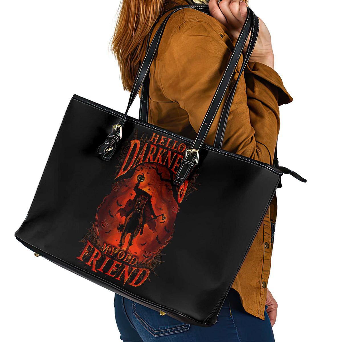 Jack O Lantern Skull Leather Tote Bag Hello Darkness My Old Friend DT01
