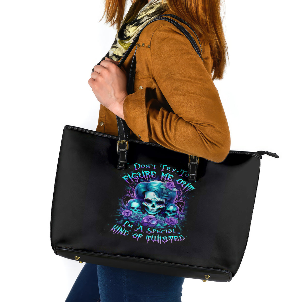 Flower Lady Skull Leather Tote Bag Don't Try To Figure Me Out DT01