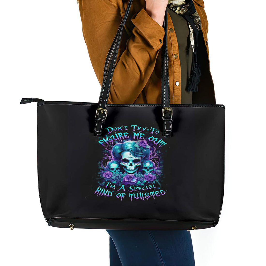 Flower Lady Skull Leather Tote Bag Don't Try To Figure Me Out DT01
