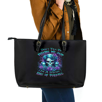 Flower Lady Skull Leather Tote Bag Don't Try To Figure Me Out DT01