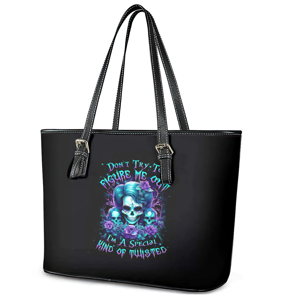 Flower Lady Skull Leather Tote Bag Don't Try To Figure Me Out DT01