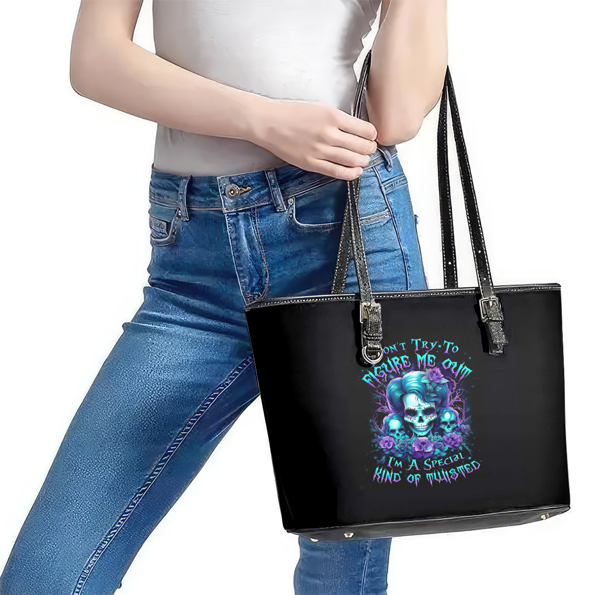 Flower Lady Skull Leather Tote Bag Don't Try To Figure Me Out DT01
