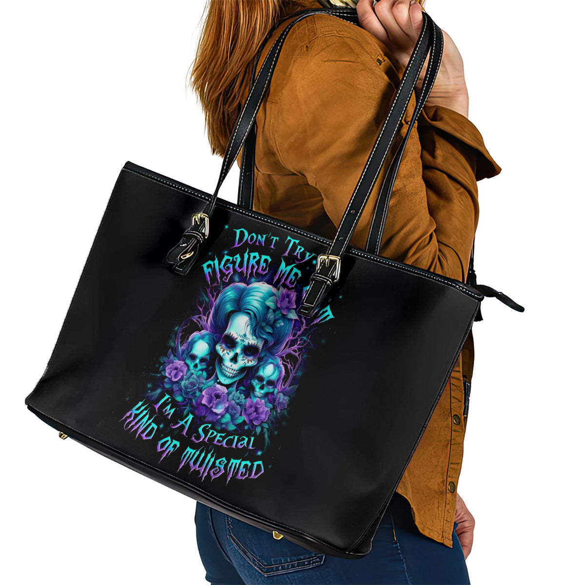 Flower Lady Skull Leather Tote Bag Don't Try To Figure Me Out DT01