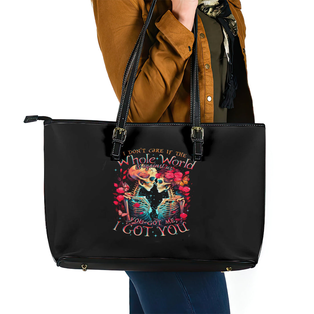 Couple Skull Leather Tote Bag I Don't Care If The Whole World Is Against Us DT01