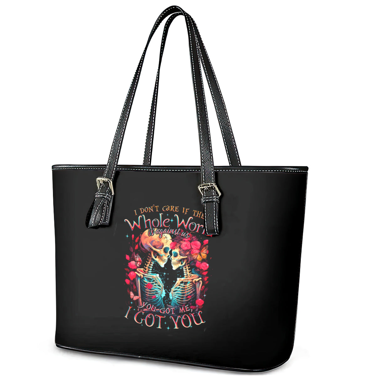 Couple Skull Leather Tote Bag I Don't Care If The Whole World Is Against Us DT01