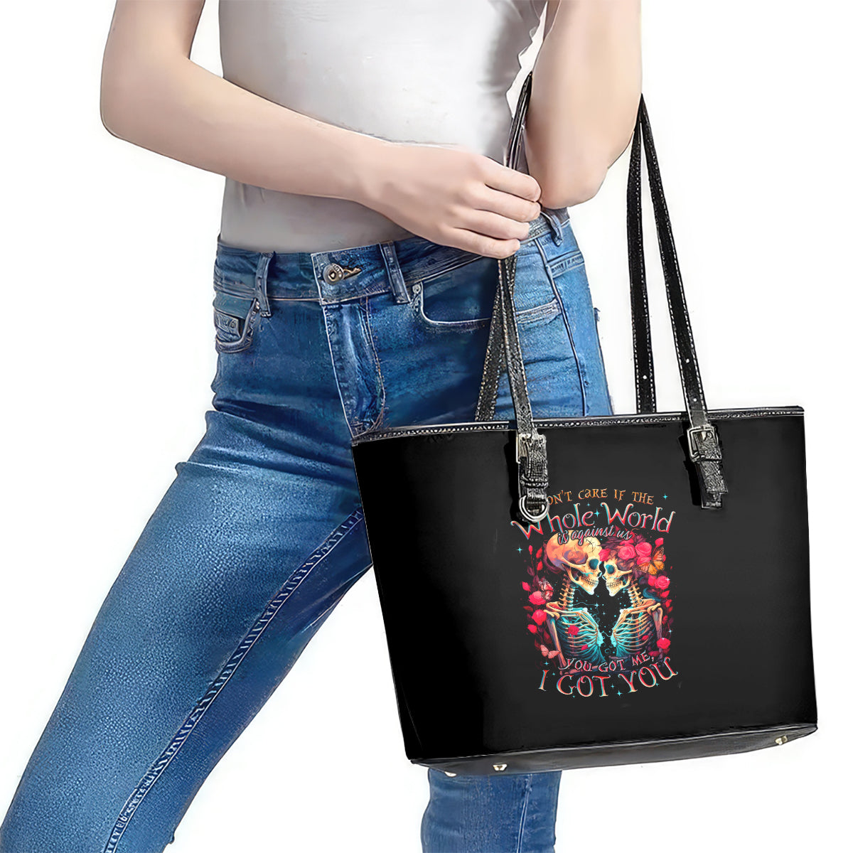 Couple Skull Leather Tote Bag I Don't Care If The Whole World Is Against Us DT01
