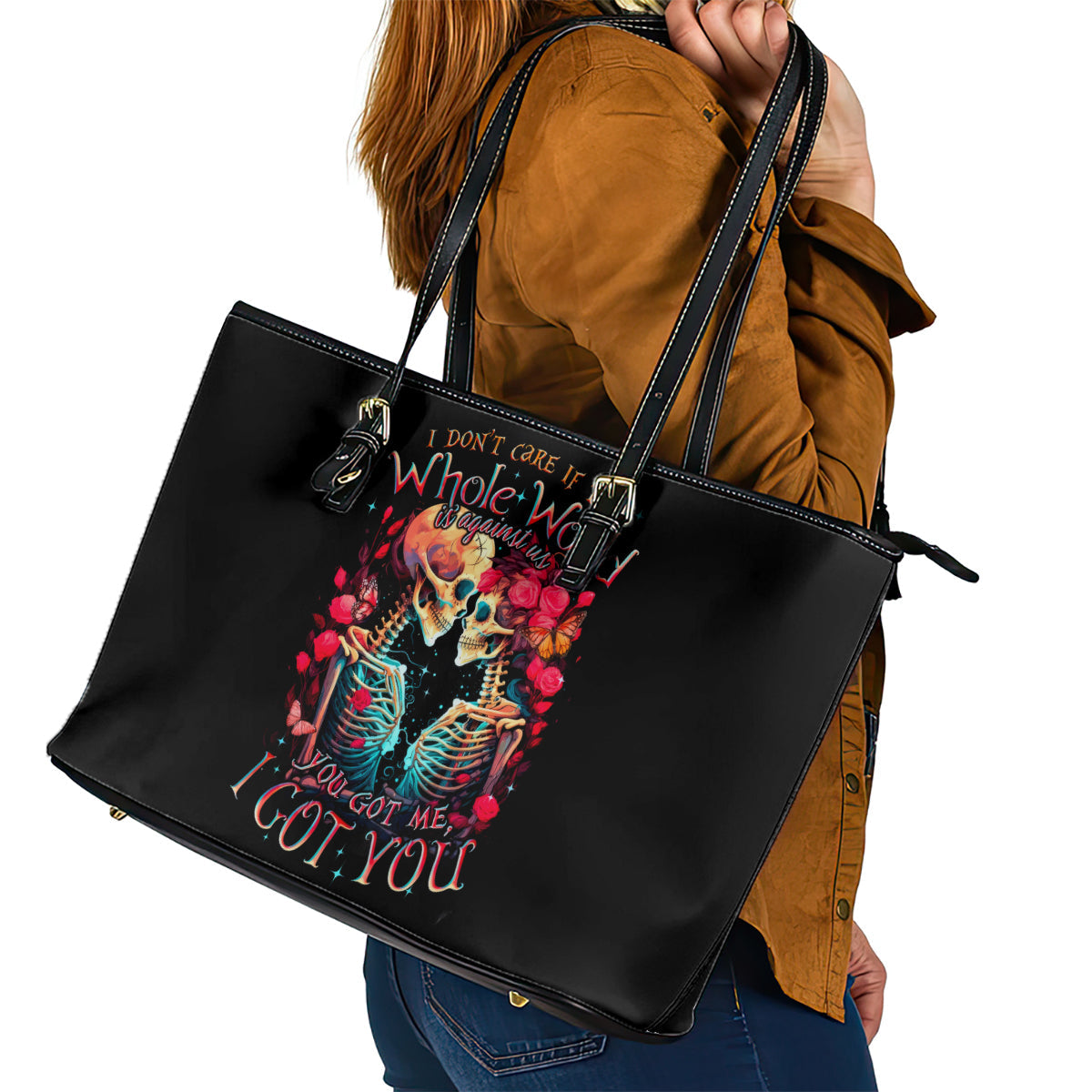Couple Skull Leather Tote Bag I Don't Care If The Whole World Is Against Us DT01