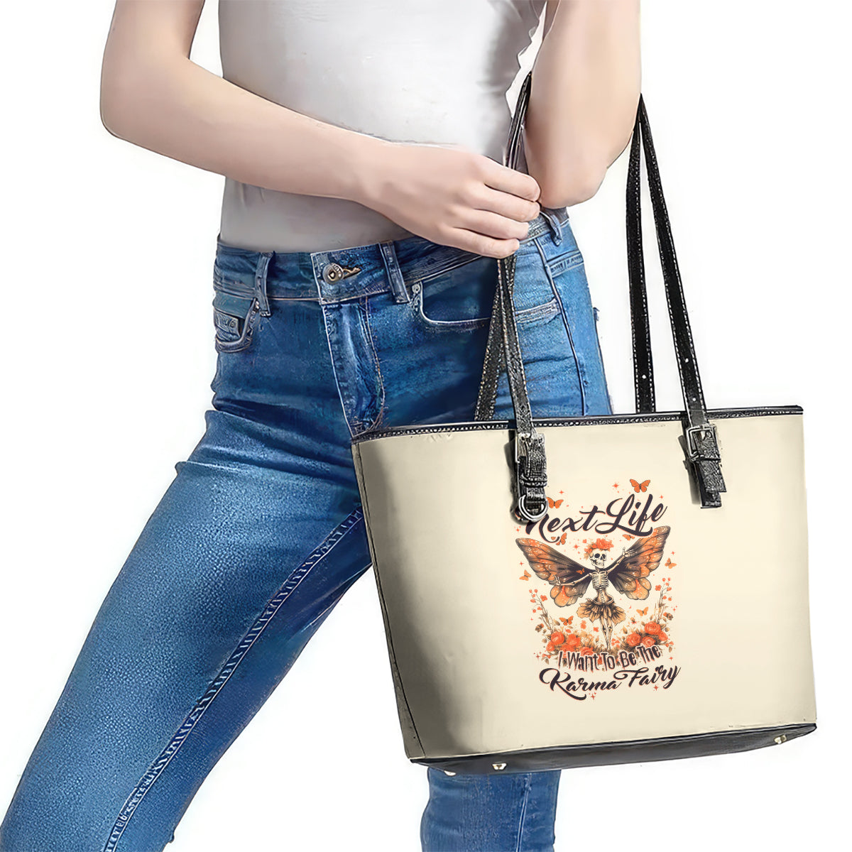 Fairy Skull Leather Tote Bag Next Life I Want To Be The Karma Fairy DT01