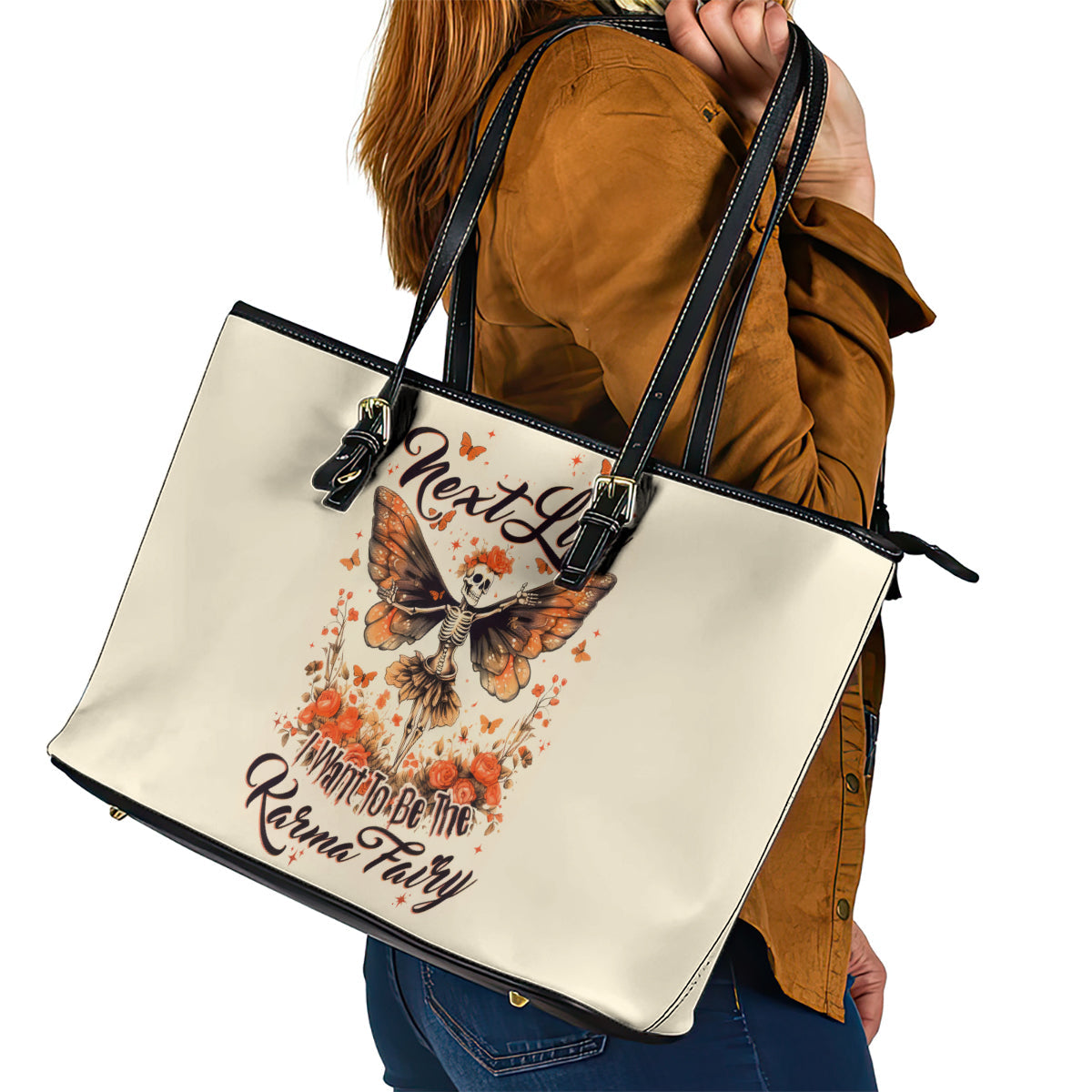 Fairy Skull Leather Tote Bag Next Life I Want To Be The Karma Fairy DT01