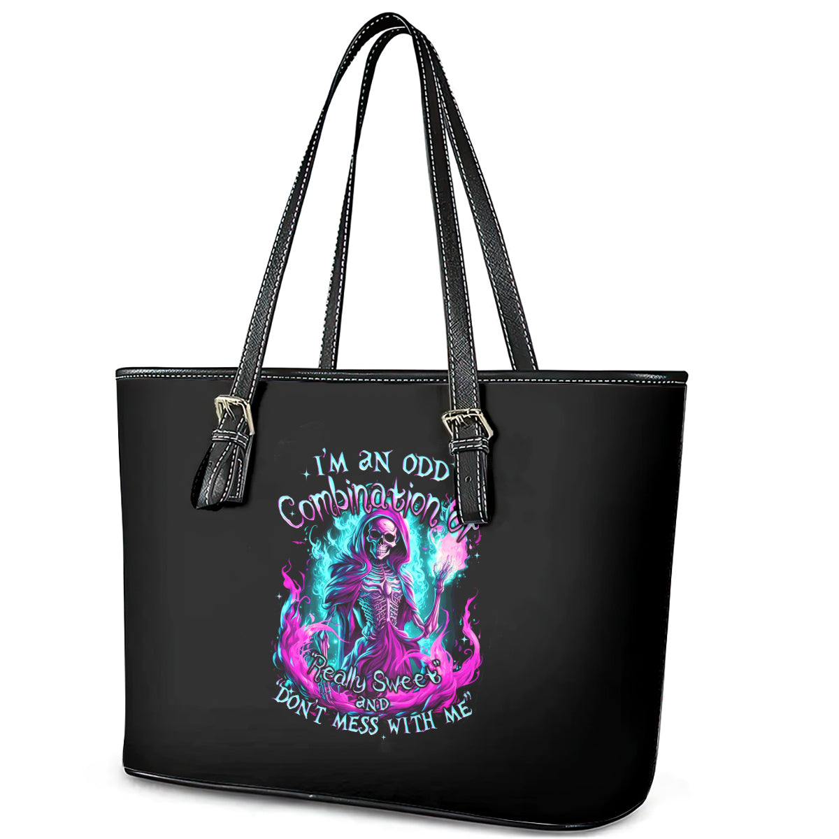 Flame Witch Skull Leather Tote Bag I'm An Odd Combination Of Sweet And Don't Mess With Me DT01