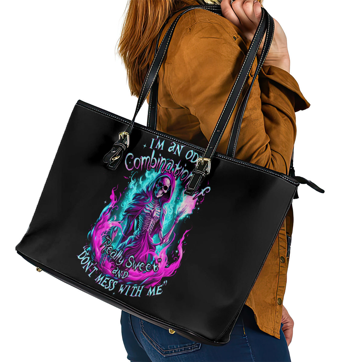 Flame Witch Skull Leather Tote Bag I'm An Odd Combination Of Sweet And Don't Mess With Me DT01