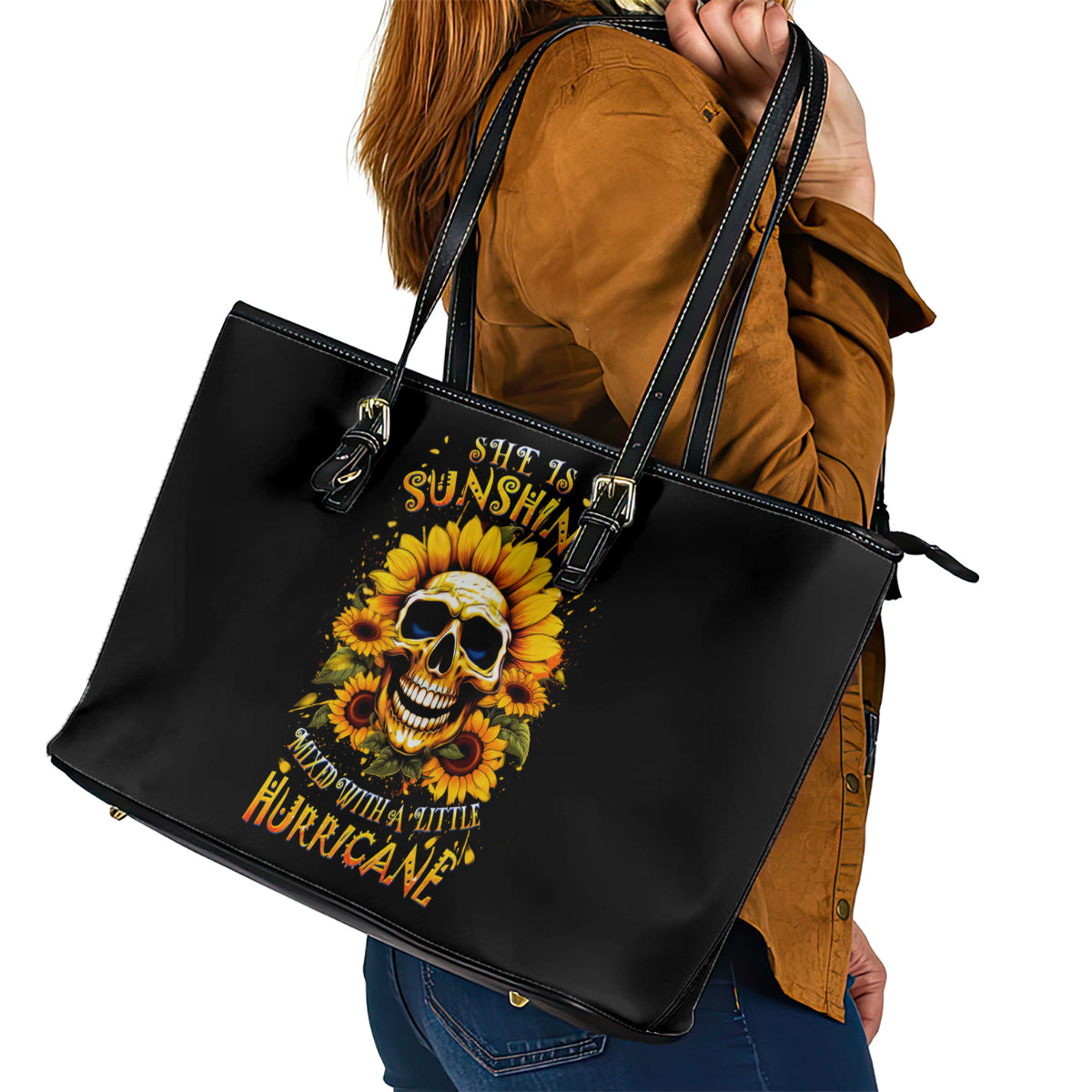 Sunflower Skull Leather Tote Bag She Is Sunshine Mixed With A Little Hurricance DT01