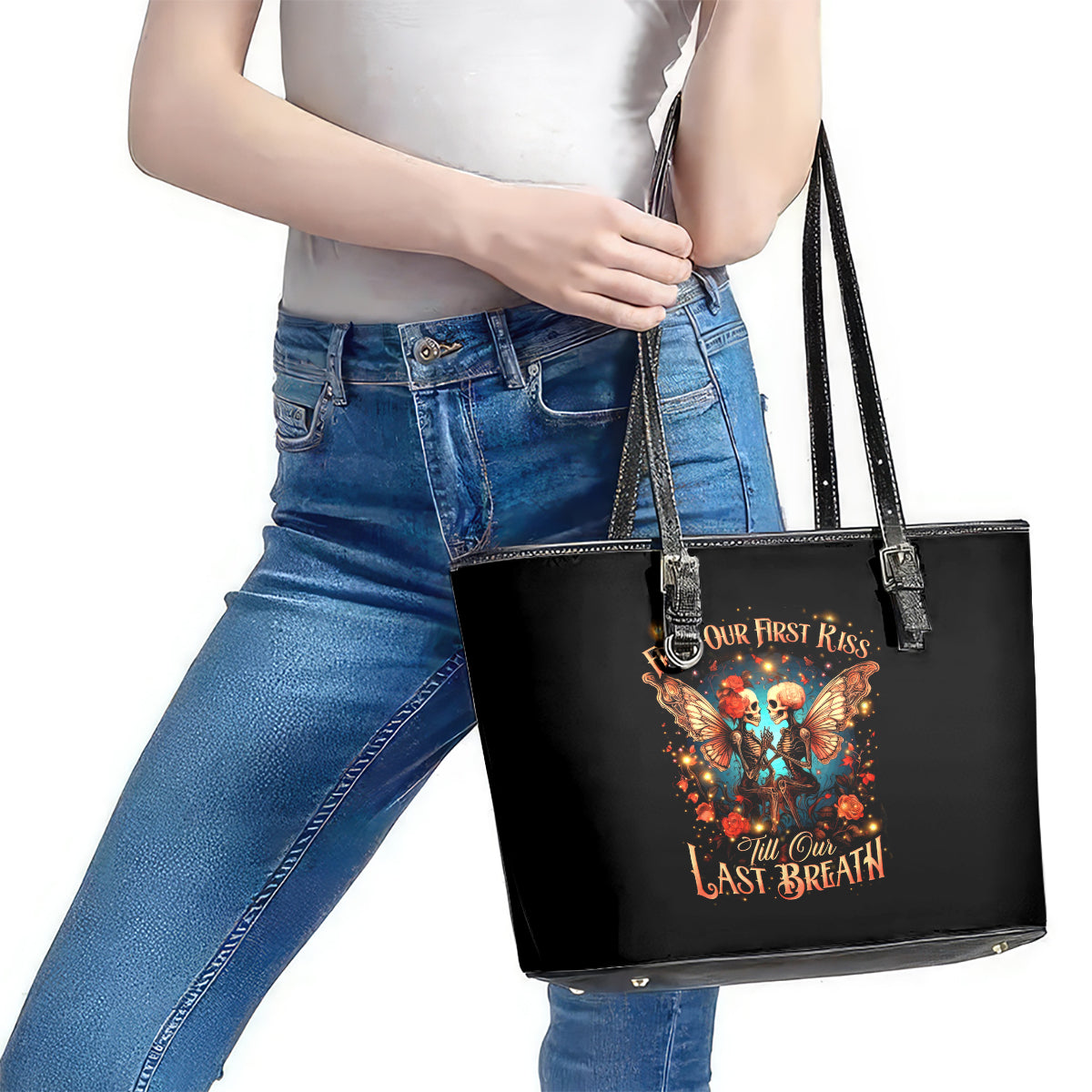 Couple Skull Leather Tote Bag From Our First Kiss Till Our Last Breath DT01