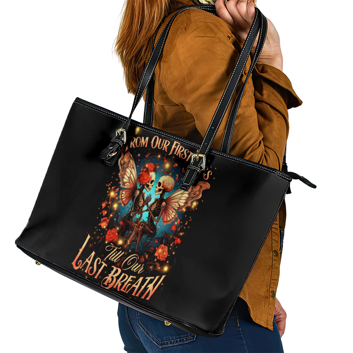 Couple Skull Leather Tote Bag From Our First Kiss Till Our Last Breath DT01