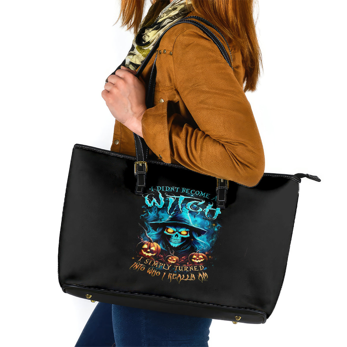 Witch Skull Halloween Leather Tote Bag I Didn't Becom A Witch DT01