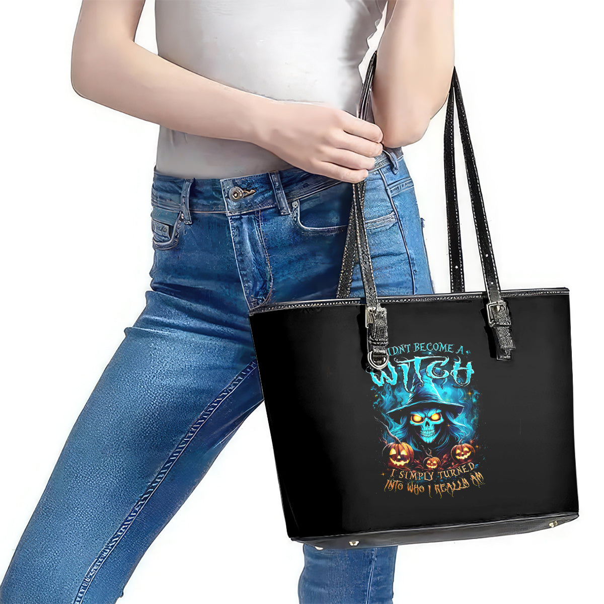 Witch Skull Halloween Leather Tote Bag I Didn't Becom A Witch DT01