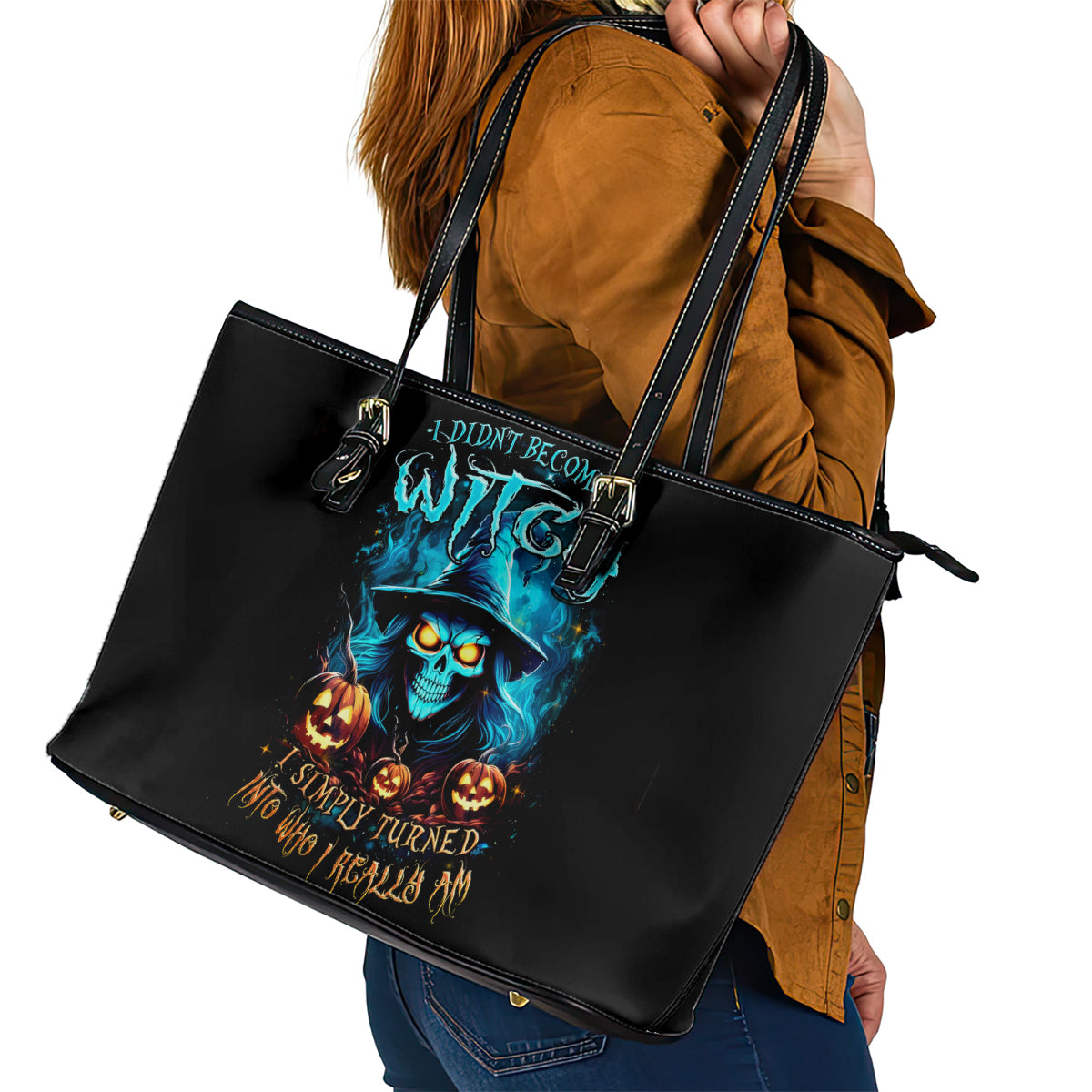 Witch Skull Halloween Leather Tote Bag I Didn't Becom A Witch DT01