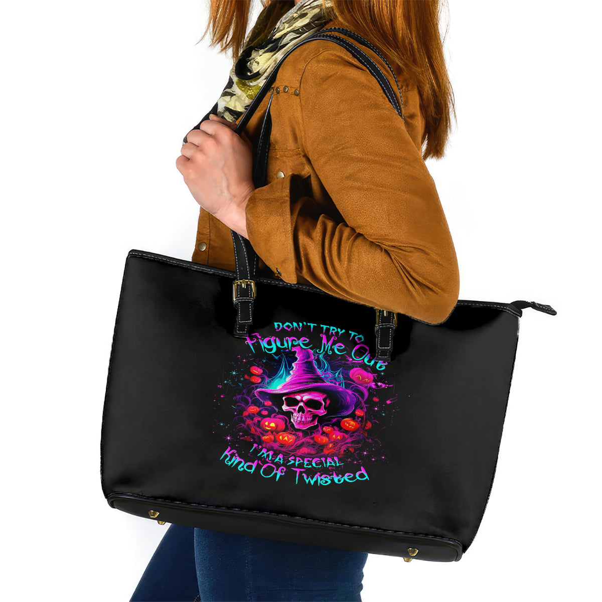 Witch Pumkin Skull Leather Tote Bag Don't Try To Figure Me Out I'm A Special DT01