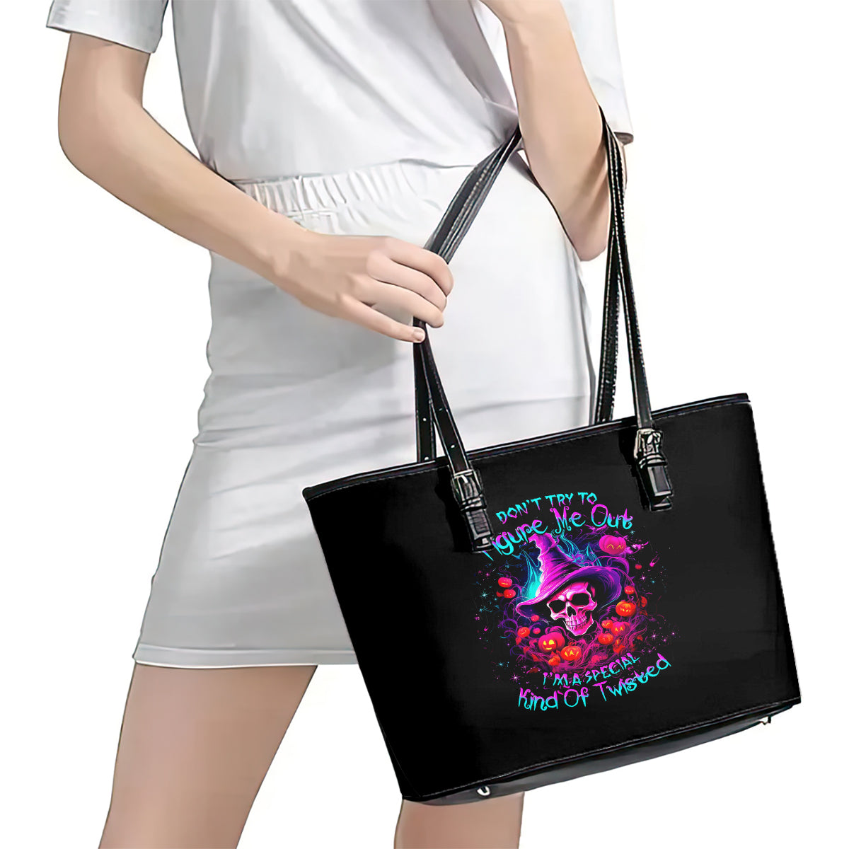 Witch Pumkin Skull Leather Tote Bag Don't Try To Figure Me Out I'm A Special DT01