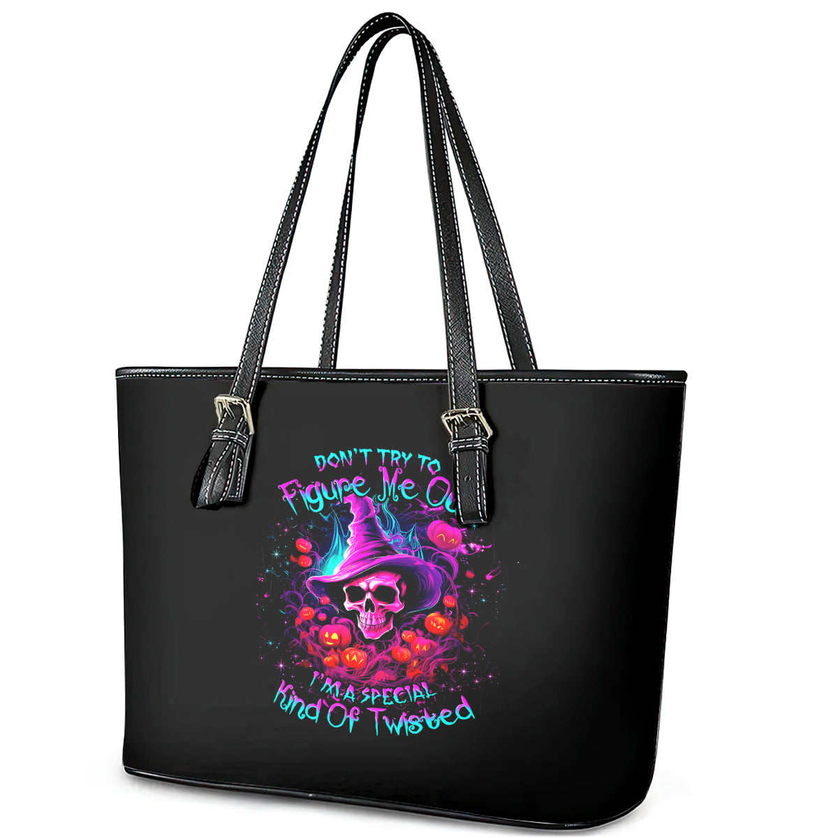 Witch Pumkin Skull Leather Tote Bag Don't Try To Figure Me Out I'm A Special DT01