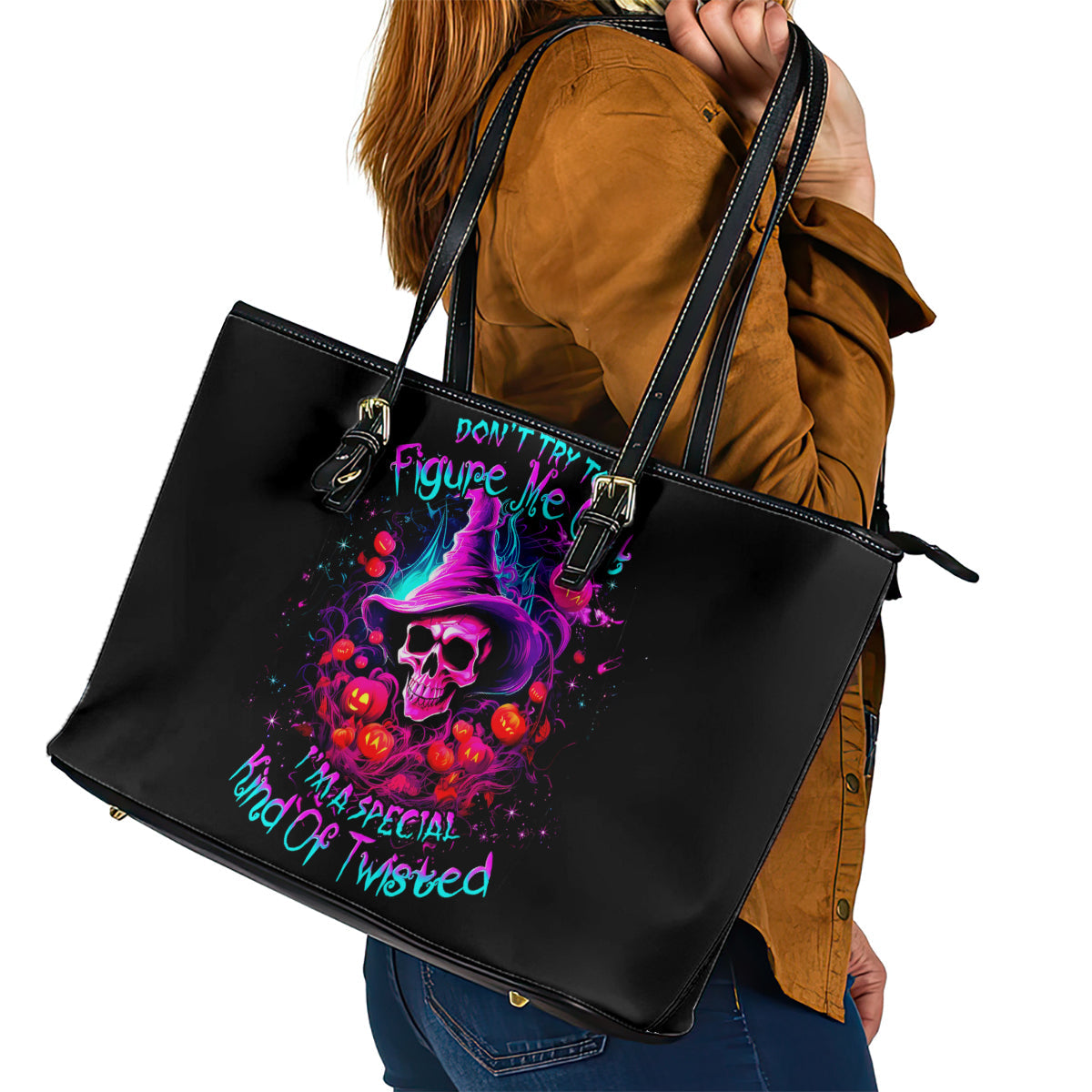 Witch Pumkin Skull Leather Tote Bag Don't Try To Figure Me Out I'm A Special DT01