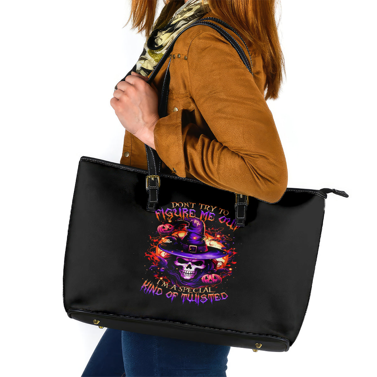 Wizard Skull Halloween Leather Tote Bag Don't Try To Figure Me Out I'm A Special DT01