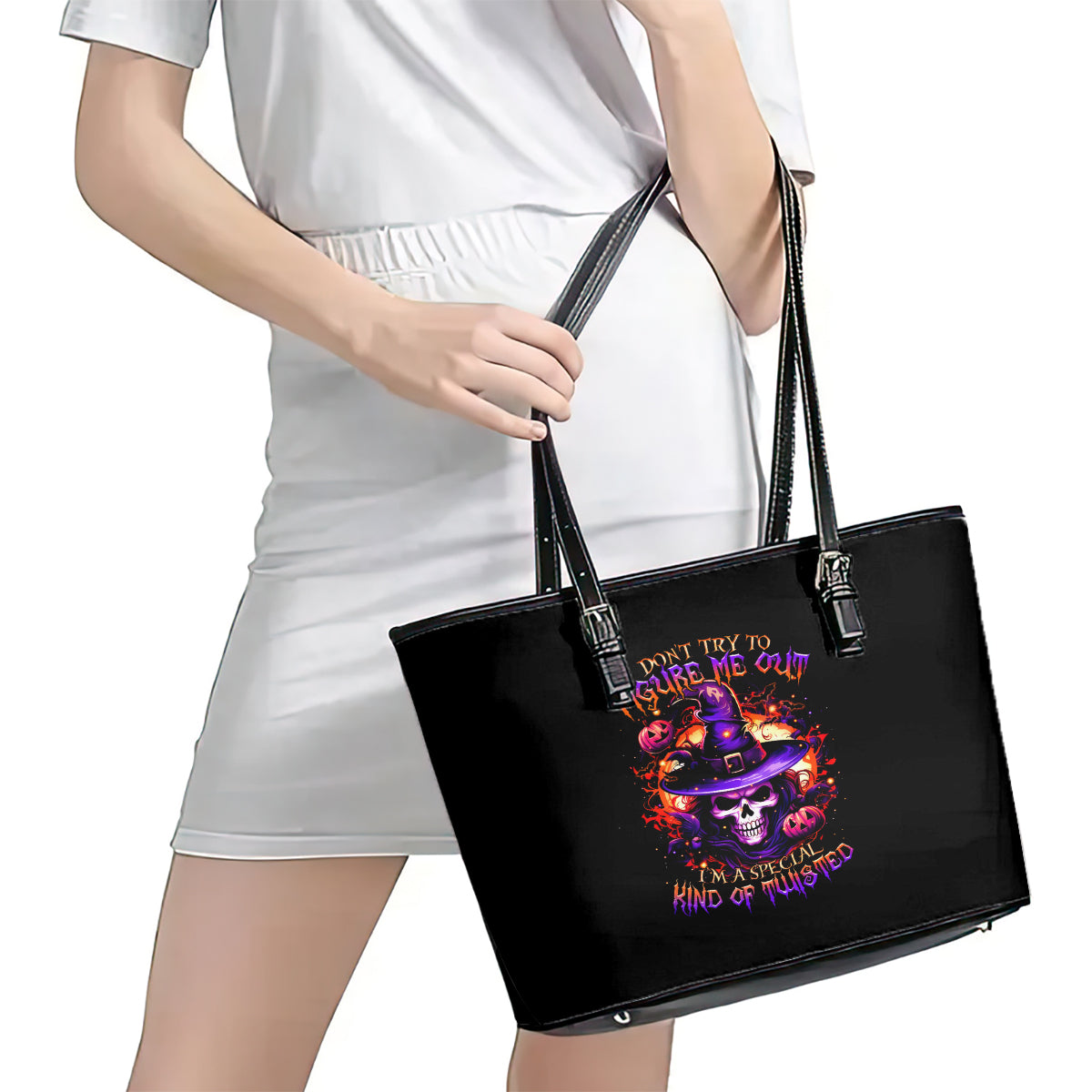 Wizard Skull Halloween Leather Tote Bag Don't Try To Figure Me Out I'm A Special DT01