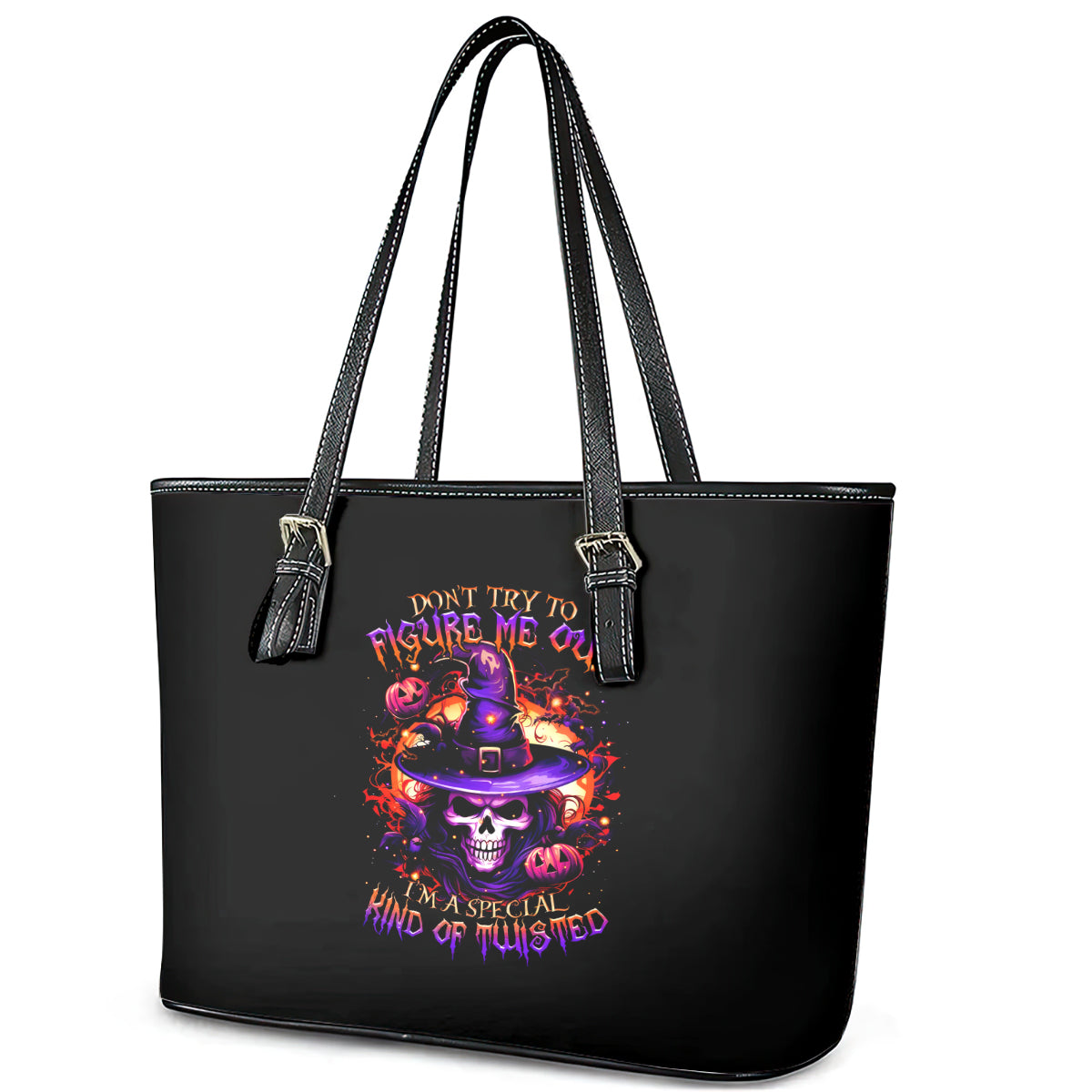 Wizard Skull Halloween Leather Tote Bag Don't Try To Figure Me Out I'm A Special DT01