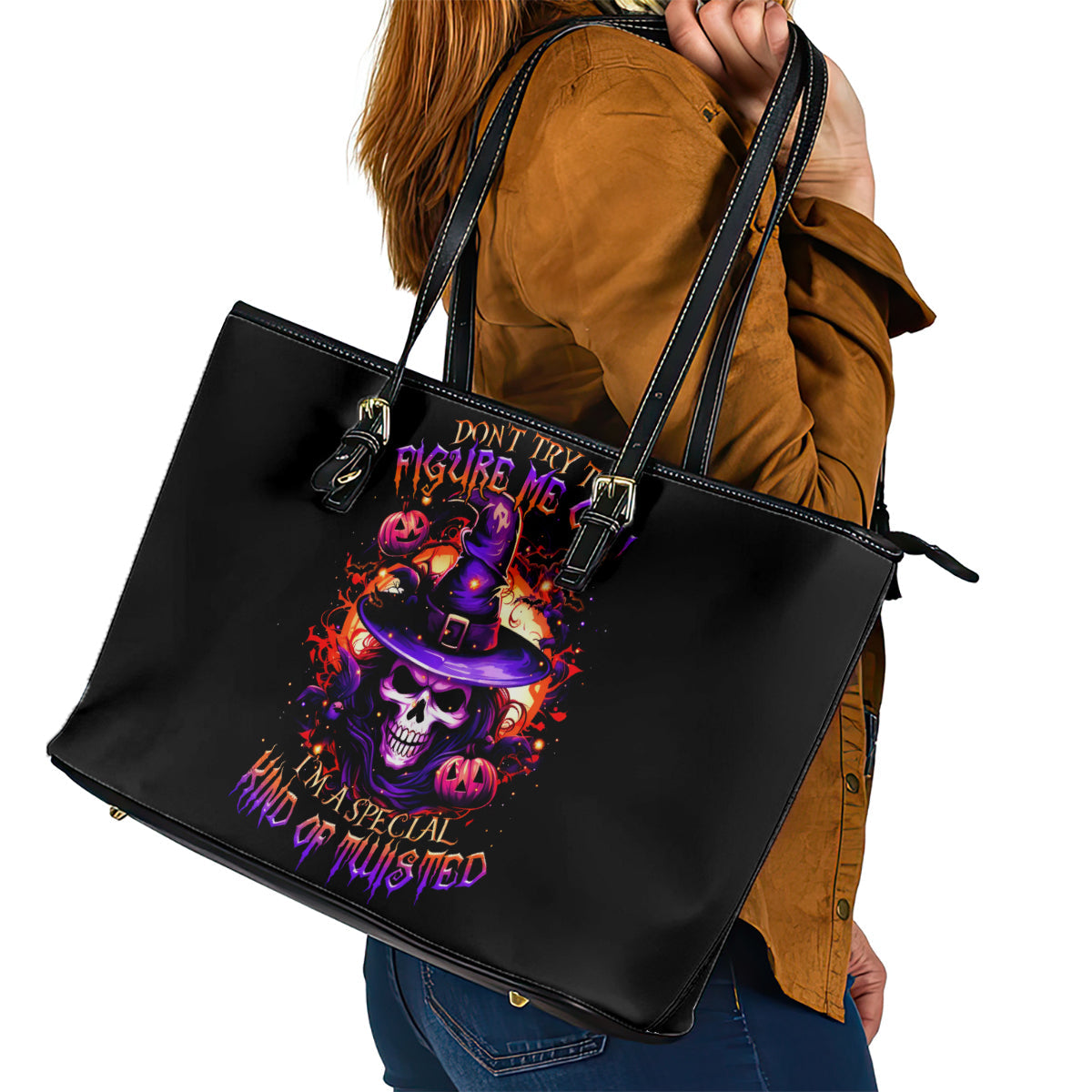 Wizard Skull Halloween Leather Tote Bag Don't Try To Figure Me Out I'm A Special DT01