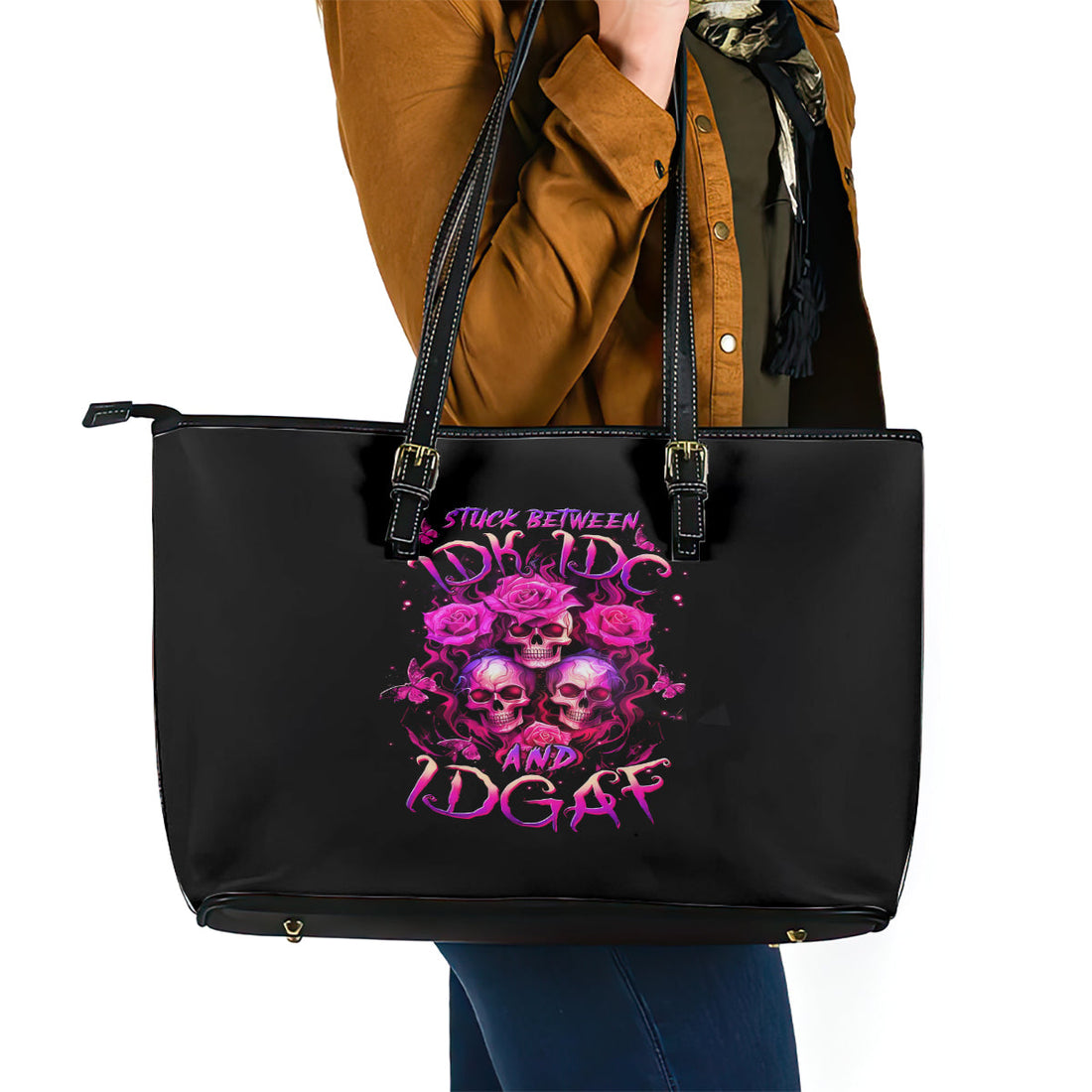 Three Rose Skull Leather Tote Bag Stuck Between Idk Idc And Idgaf DT01