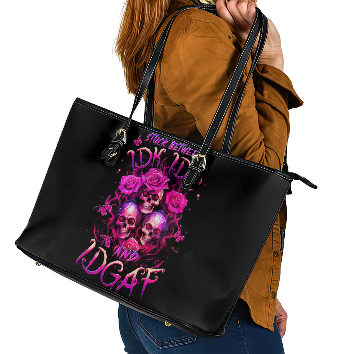 Three Rose Skull Leather Tote Bag Stuck Between Idk Idc And Idgaf DT01