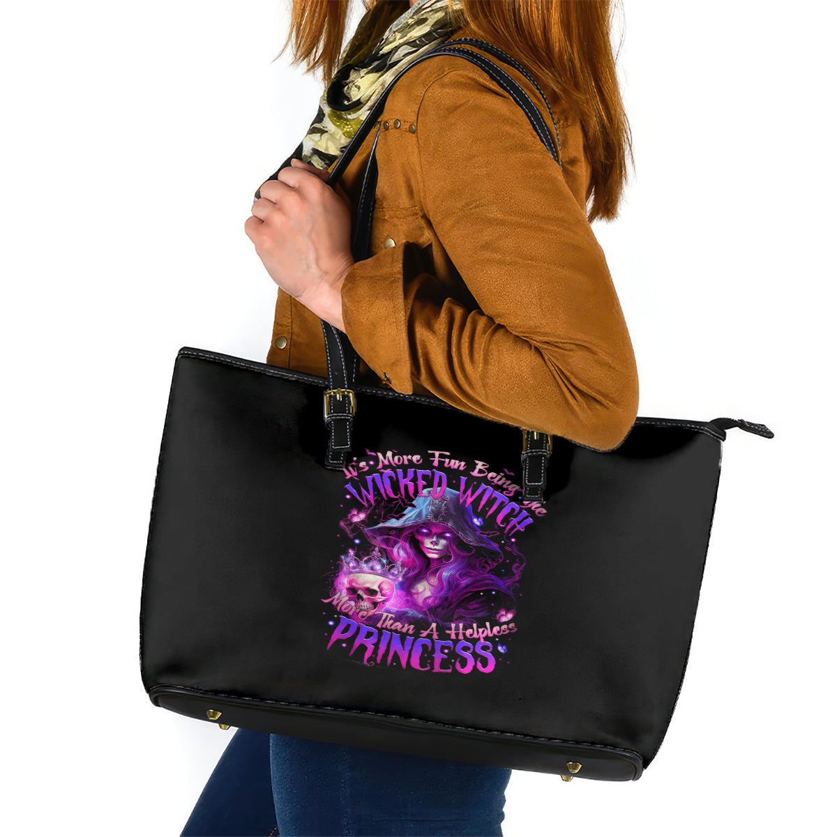 Witch Skull Leather Tote Bag It's More Fun Being The Wicked Witch DT01