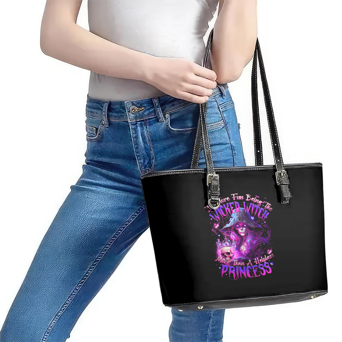 Witch Skull Leather Tote Bag It's More Fun Being The Wicked Witch DT01
