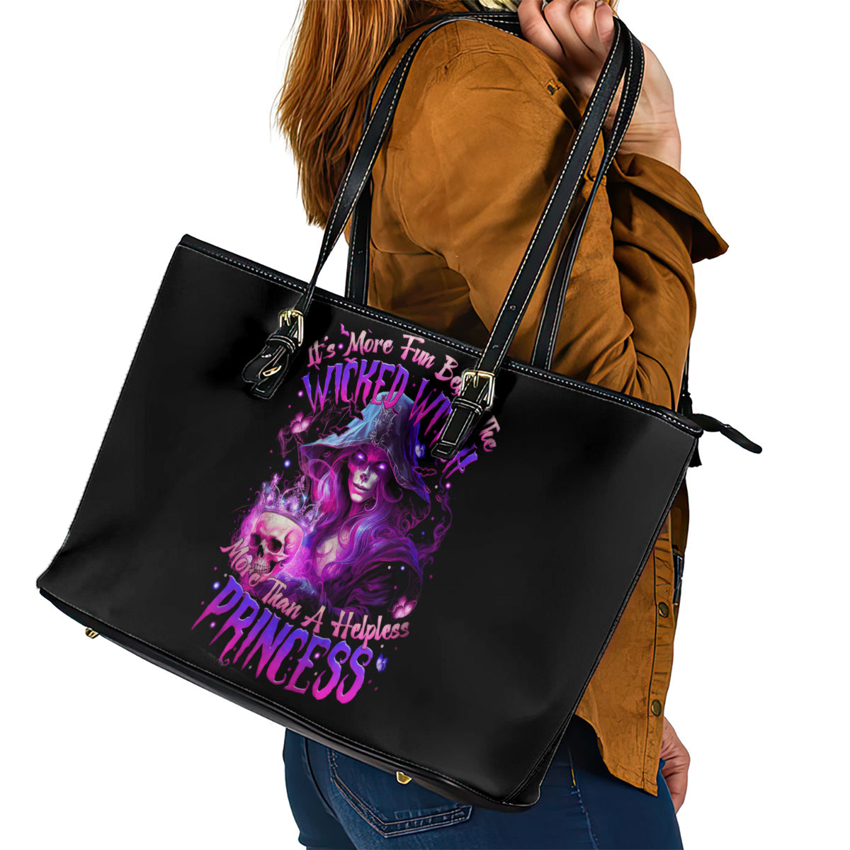 Witch Skull Leather Tote Bag It's More Fun Being The Wicked Witch DT01