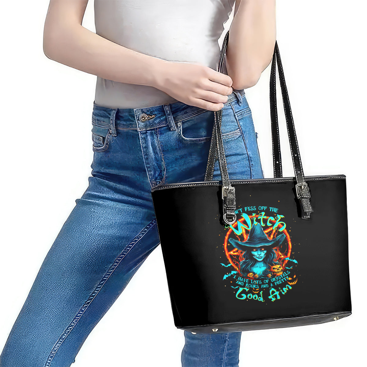Witch Skull Leather Tote Bag Don't Pss Off The Witch DT01