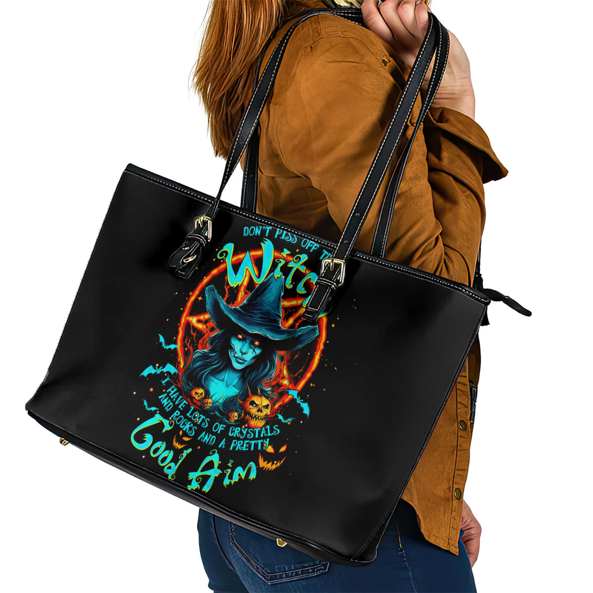 Witch Skull Leather Tote Bag Don't Pss Off The Witch DT01