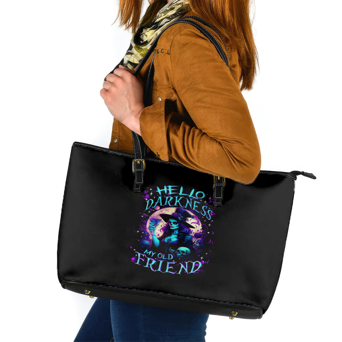 Witch Skull Leather Tote Bag Hello Darkness My Old Friend DT01