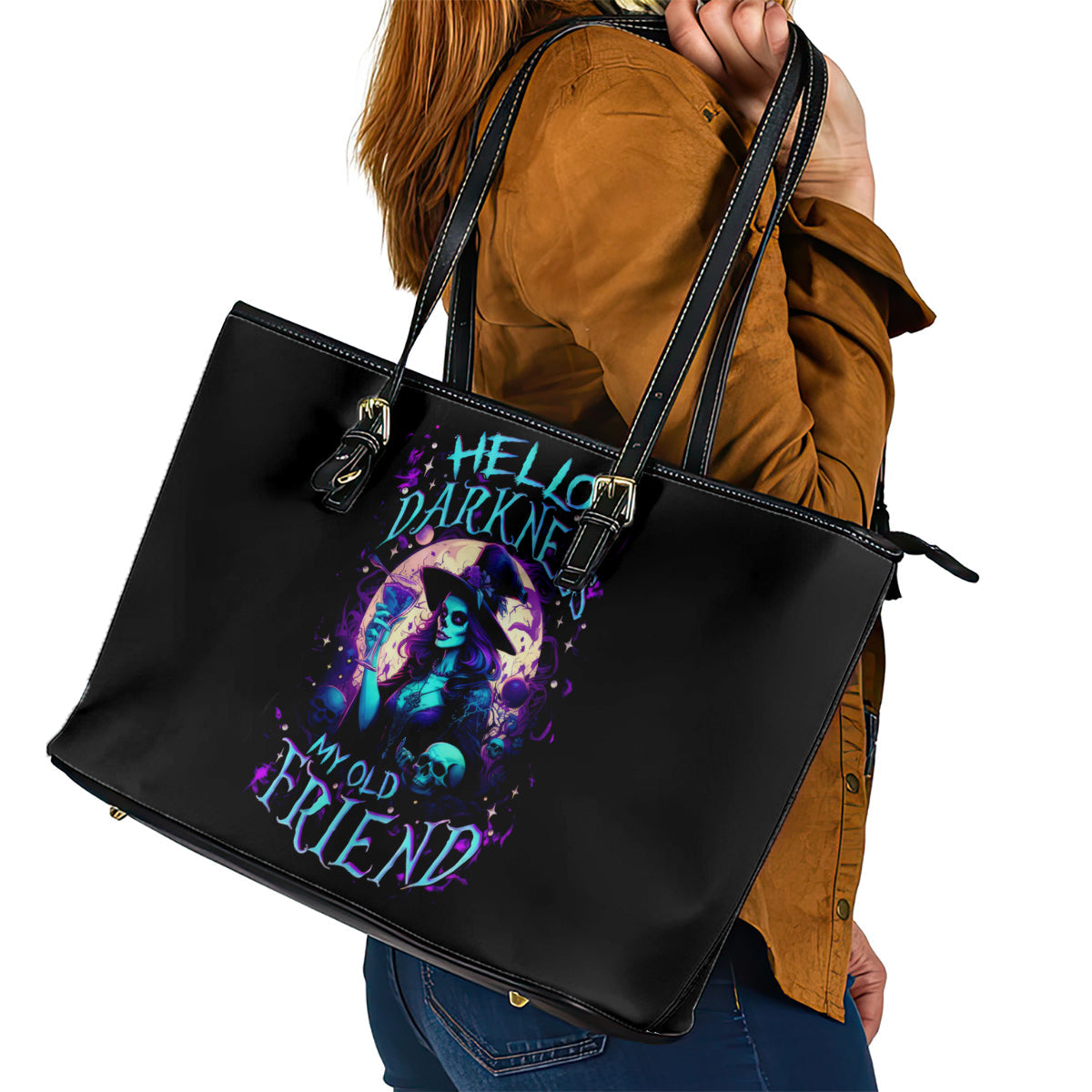 Witch Skull Leather Tote Bag Hello Darkness My Old Friend DT01